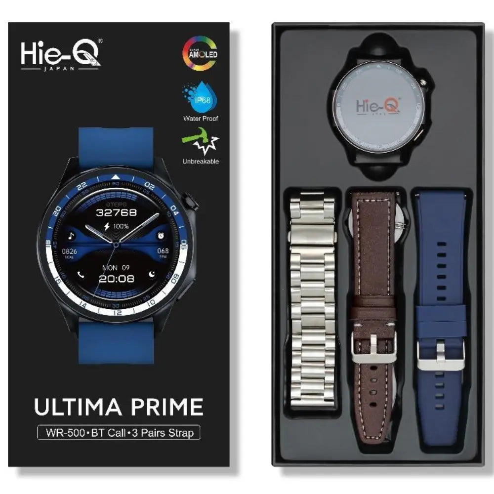 Hie-Q Ultima Prime WR-500 Smart Watch | Buy in Dubai UAE | Round Super AMOLED | BT Call | IP68 Waterproof | 3 Pairs Strap
