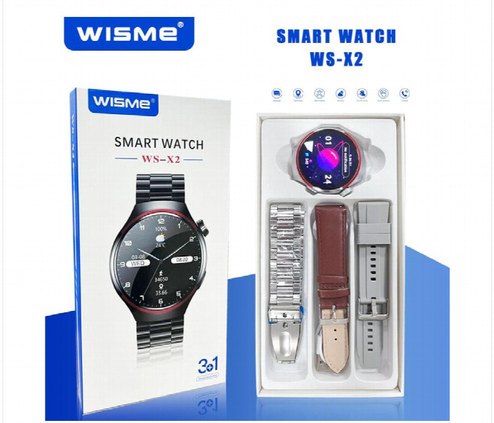 WISME WS-X2 Smart Watch | Buy in Dubai UAE | Round Display | Bluetooth Call | Heart Rate | Steel Strap | 3+1 Set