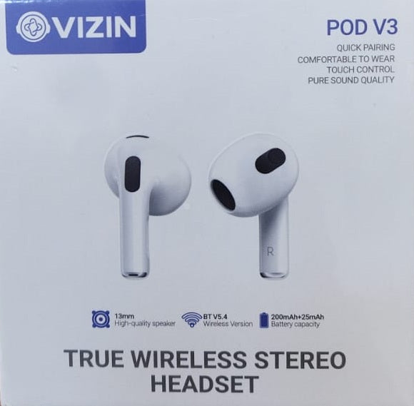 VIZIN POD V3 Wireless Earbuds | Buy in Dubai UAE | TWS Stereo | 13mm Speaker | Bluetooth 5.4 | Touch Control